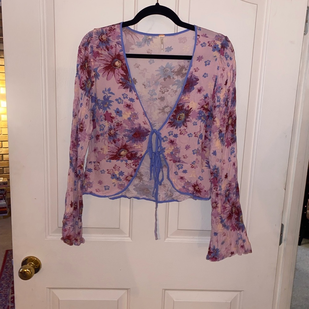 Free People Sheer Floral Tie-Front Blouse – Lavender & Blue – Size M